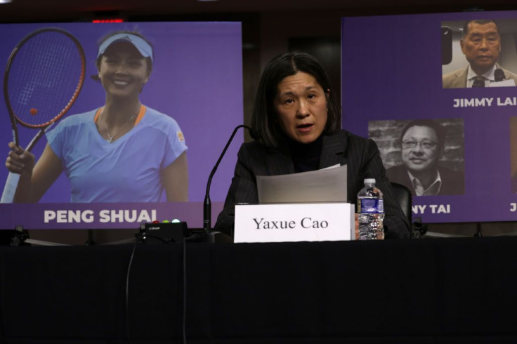 A photo of Chinese tennis player Peng Shuai is on display as Yaxue Cao testifies