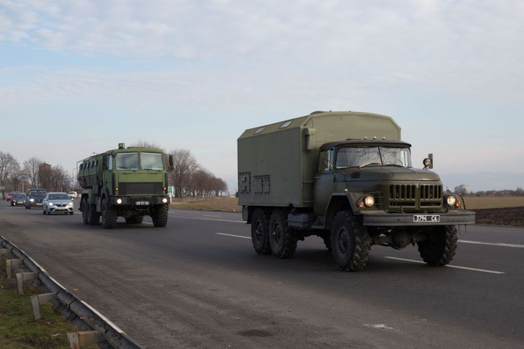 Military vehicles are seen near Pavlohrad, Dnipro area on February 24, 2022, Ukraine.