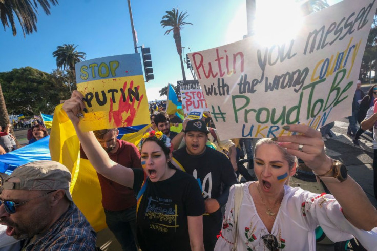 Demonstrators march during a rally in support of Ukraine