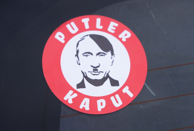 A sticker equating Russian President Vladimir Putin with Nazi leader Adolf Hitler