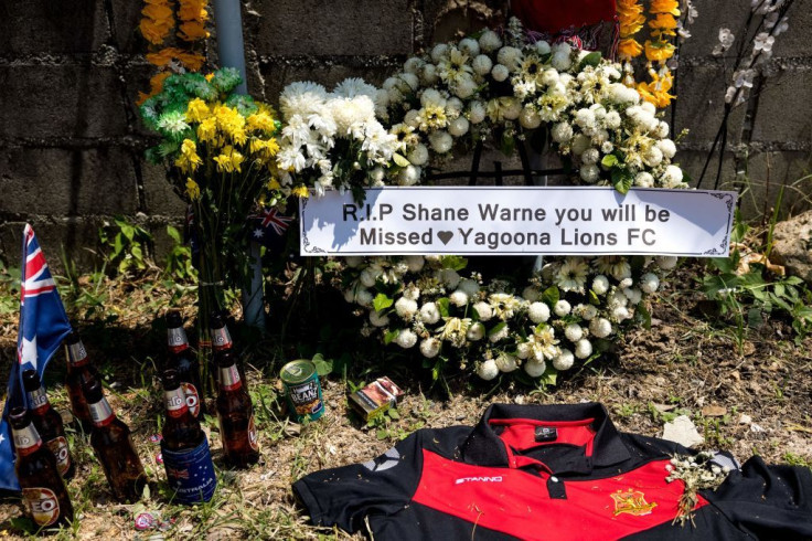 Tributes to the late Australian cricket player Shane Warne are seen outside Samujana Villas on Thailand's Koh Samui