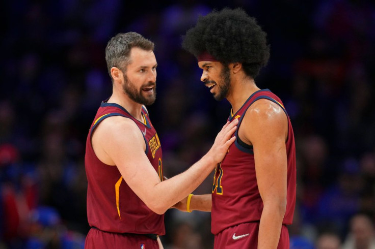 Kevin Love of the Cleveland Cavaliers talks to Jarrett Allen