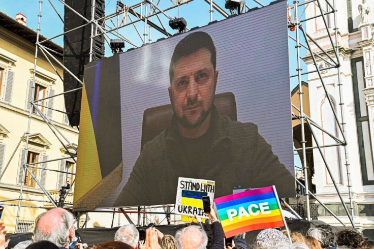 Ukraine's President Volodymyr Zelensky speaking through a video link