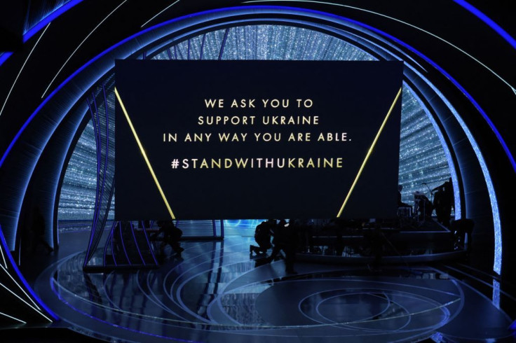 A message in support of Ukraine is displayed on a screen onstage during the 94th Oscars