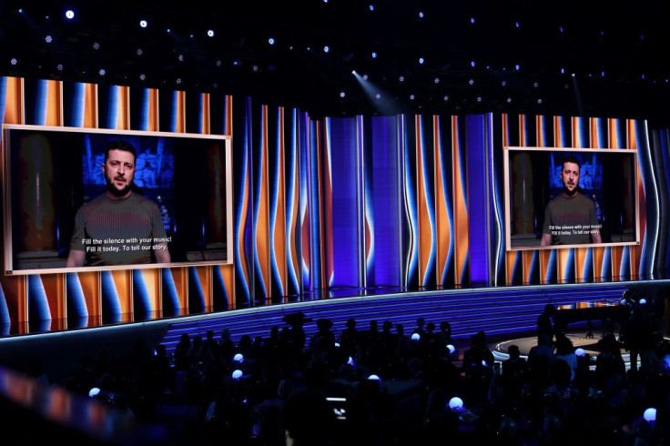 Ukraine President Volodymyr Zelensky onstage during the 64th Annual Grammy Awards