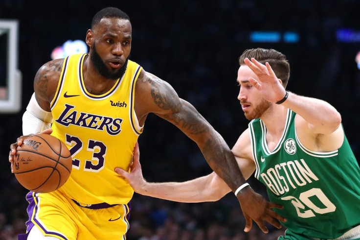 Gordon Hayward #20 of the Boston Celtics defends LeBron James #23 of the Los Angeles Lakers