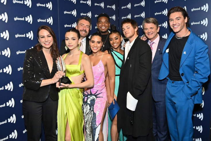 (L-R) Tracey Wigfield, Josie Totah, Franco Bario, Haskiri Velazquez, Dexter Darden, Alycia Pascual-Peña, Mitchell Hoog, John Michael Higgins, and Belmont Cameli, winners of Outstanding Comedy Series for "Saved By The Bell."