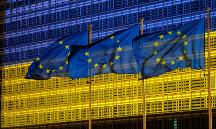 The Berlaymont, the EU Commission headquarter is lighted in Blue and Yellow, the colors of the Ukrainan Flag