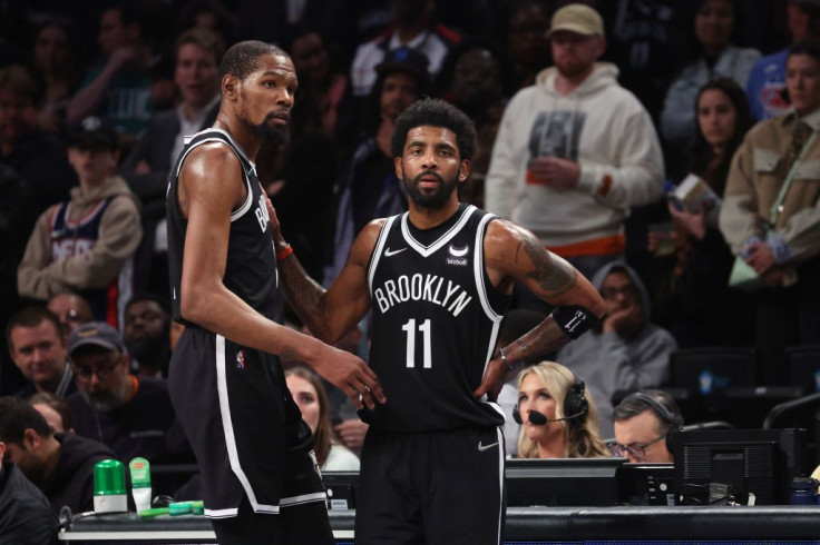 Kevin Durant #7 and Kyrie Irving #11 of the Brooklyn Nets