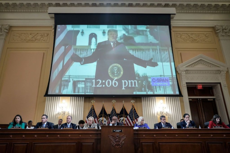 Former U.S. President Donald Trump is displayed on a screen 