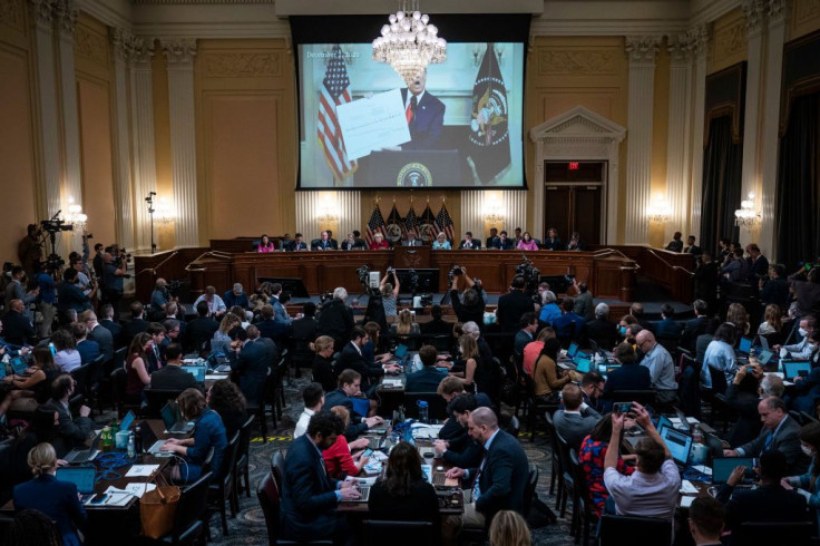 U.S. President Donald Trump speaking is shown on a screen during the Jan 6 panel's second hearing