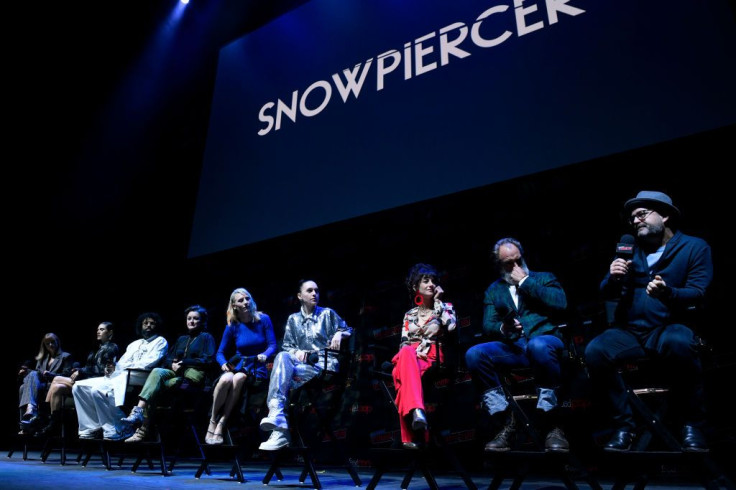 Graeme Manson, Sheila Vand, Daveed Diggs, Mickey Sumner, Steven Ogg, Alison Wright, Jennifer Connelly, and Lena Hall speak onstage at the Snowpiercer panel during New York Comic Con at Hammerstein Ballroom