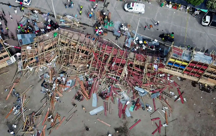 Aerial view of the collapsed grandstand in a bullring in the Colombian municipality of El Espinal