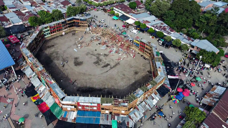 Aerial view of the collapsed grandstand in a bullring in the Colombian municipality of El Espinal