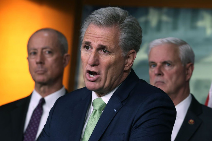 House Minority Leader Kevin McCarthy (R-CA) talks to reporters with Rep. Mac Thornberry (R-TX) and Rep. Steve Womack (R-AR)