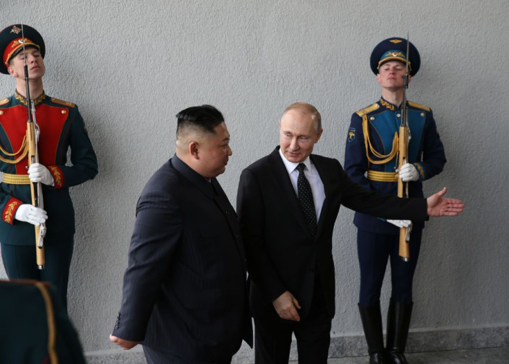 North Korean Leader Kim Jong-un is greeted by Russian President Vladimir Putin