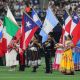 Flags are displayed during the national anthem in honor of Hispanic Heritage Month 2021