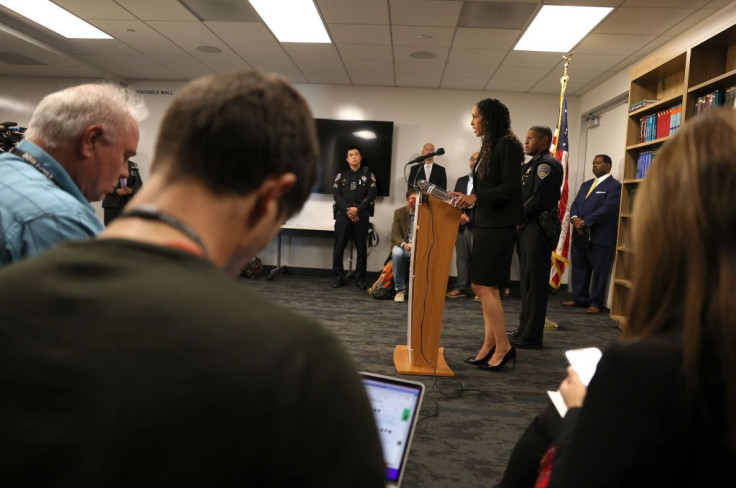 San Francisco district attorney Brooke Jenkins (C) speaks during a news conference on October 31, 2022 in San Francisco, California.