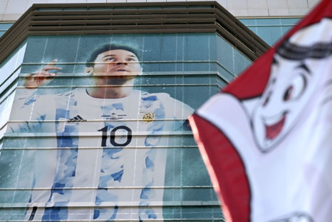 A large picture of Argentina's captain Lionel Messi is displayed on a building in Doha
