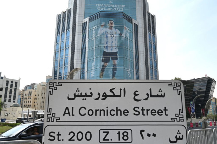 A large picture of Argentina's captain Lionel Messi is displayed on a building in Doha