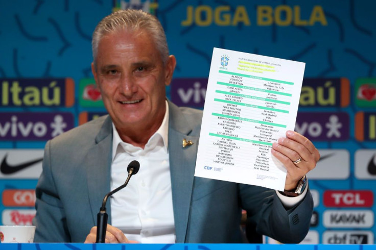 Tite coach of Brazil shows the list with the players during a press conference