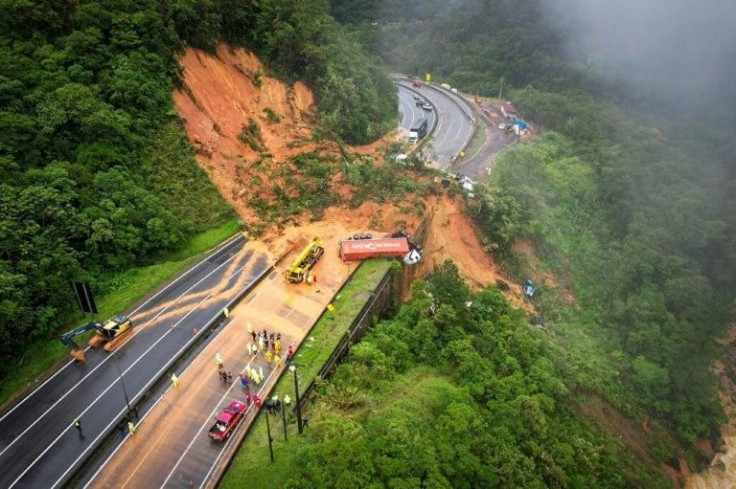 Aerial view of the landslide that hit highway BR 367 in southern Brazil