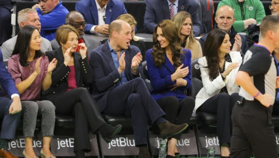 (L-R) Mayor of Boston Michelle Wu, Governor-elect Maura Healey, Britain's Prince William, Kate Middleton and Emilia Fazzalari wife of Celtics owner Wyc Grousebeck