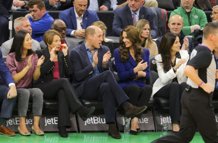 (L-R) Mayor of Boston Michelle Wu, Governor-elect Maura Healey, Britain's Prince William, Kate Middleton and Emilia Fazzalari wife of Celtics owner Wyc Grousebeck