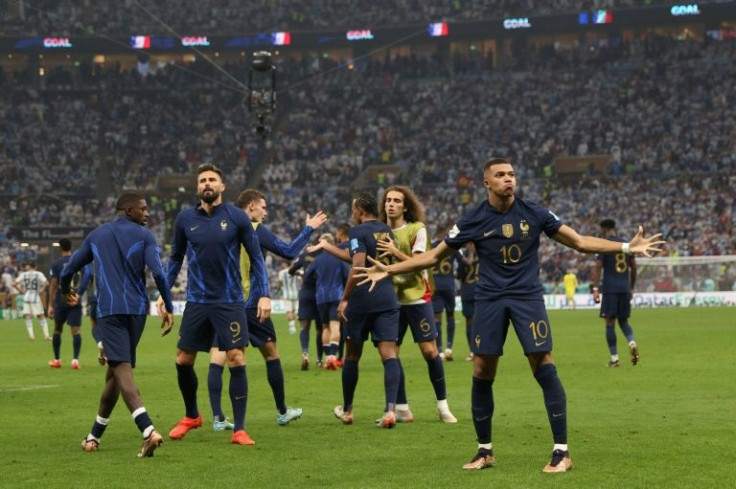 France's players celebrate after Kylian Mbappe's equalising goal