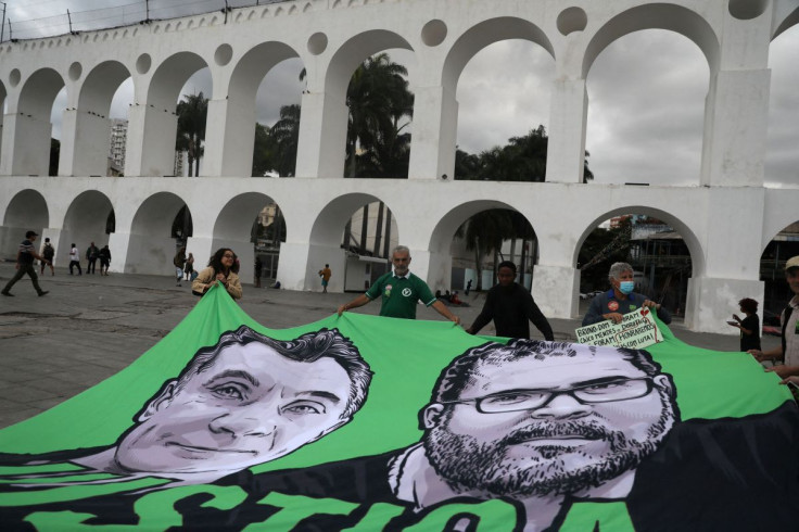 Demonstrators during a protest in honour of British journalist Dom Phillips and Brazilian Indigenous affairs specialist Bruno Pereira