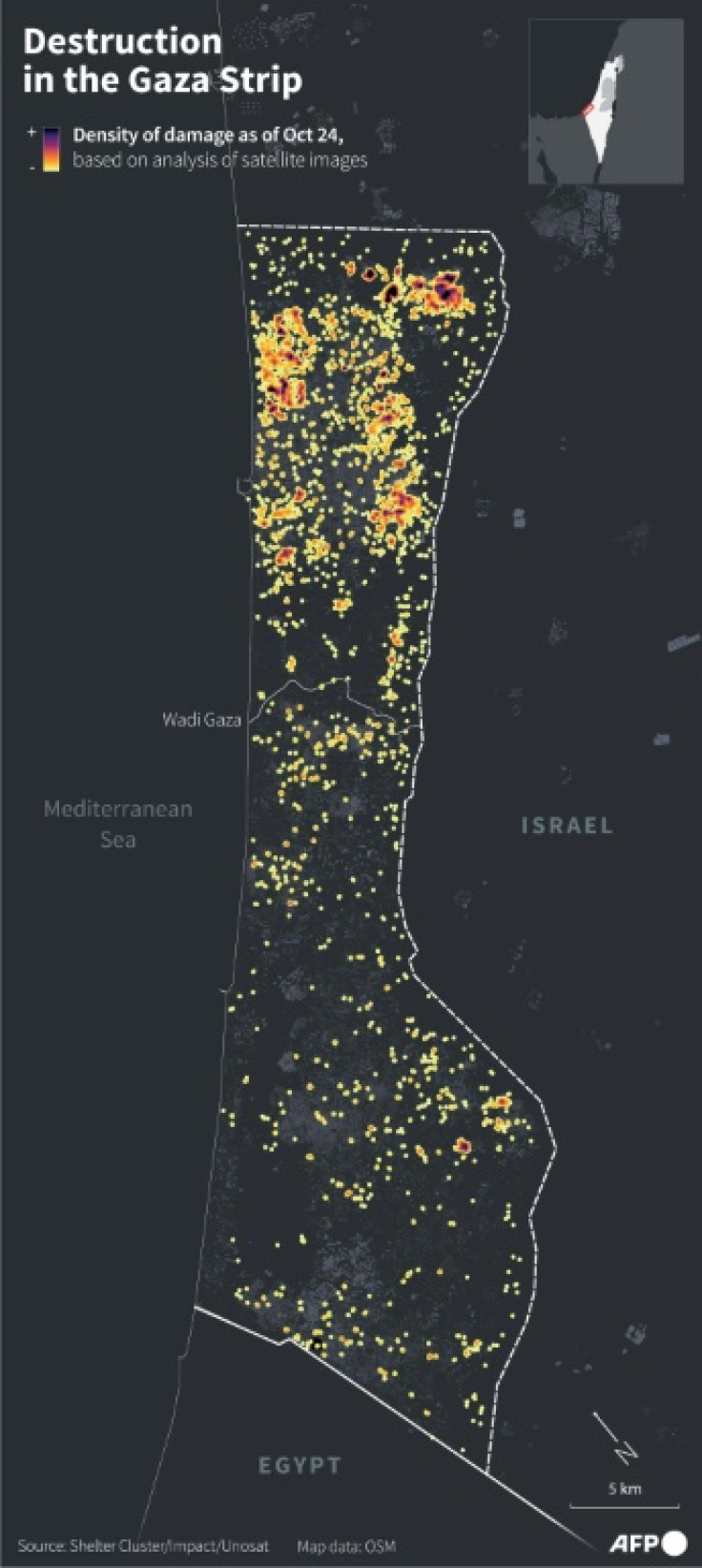 Map of Gaza Strip showing the density of damage