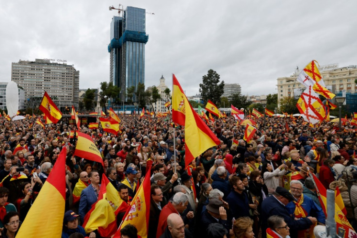 Protestors wave Spanish flags at a Madrid protest