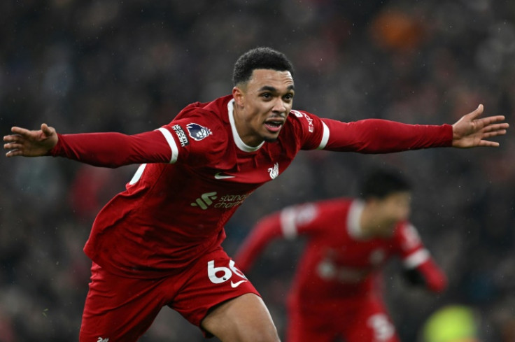 Trent Alexander-Arnold celebrates after scoring Liverpool's fourth goal against Fulham