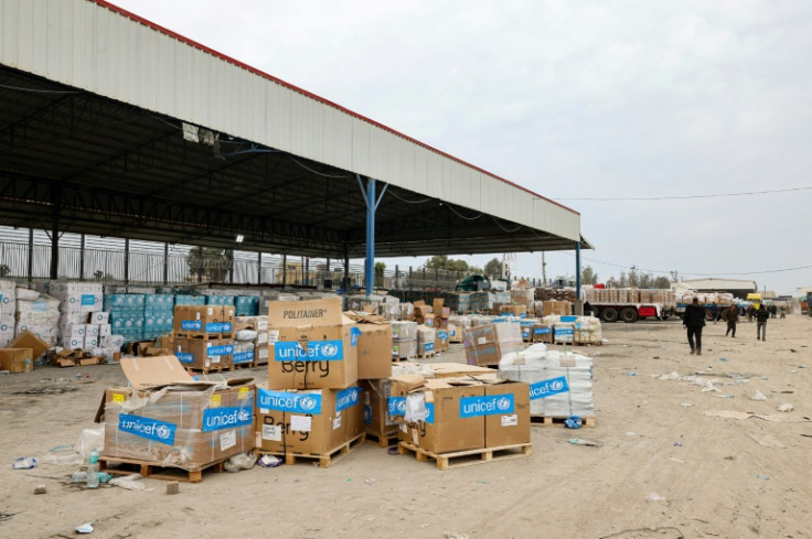 Boxes containing humanitarian aid at the Kerem Shalom crossing
