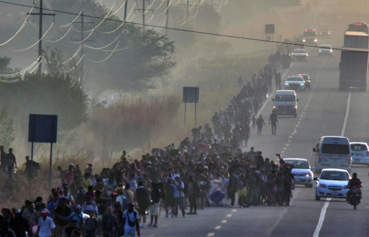 US-bound migrants walk in a caravan in Mexico's Chiapas state 