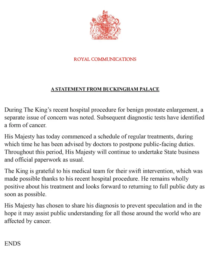 Buckingham Palace statement about King Charles cancer