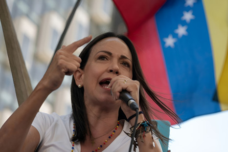 Venezuelan opposition leader Maria Corina Machado speaks to supporters in 