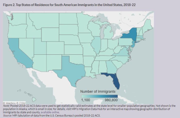 Top states of residence for South American Immigrants in the 