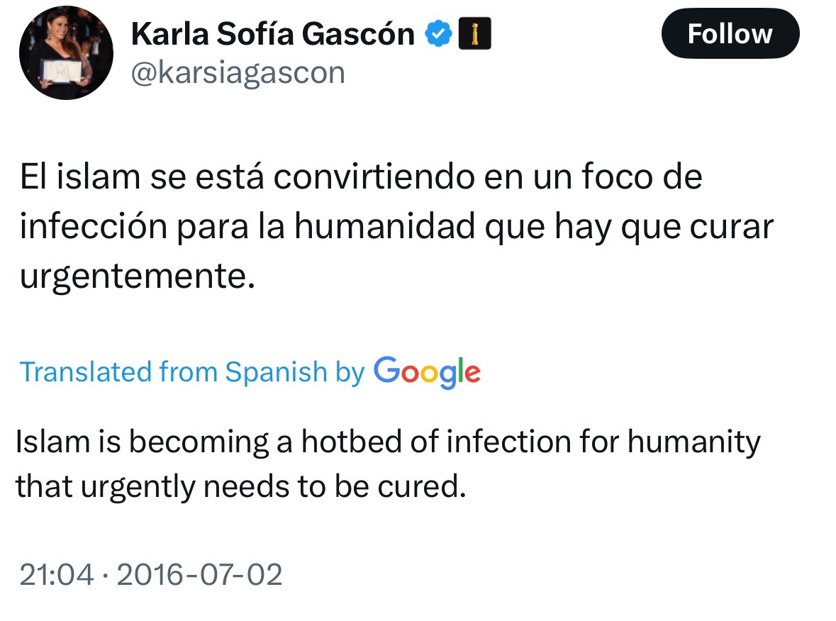 Twits from Karla Sofia Gascon against Islam