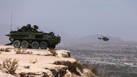 Stryker armored vehicle patrolling border at Sunland Park, New Mexico