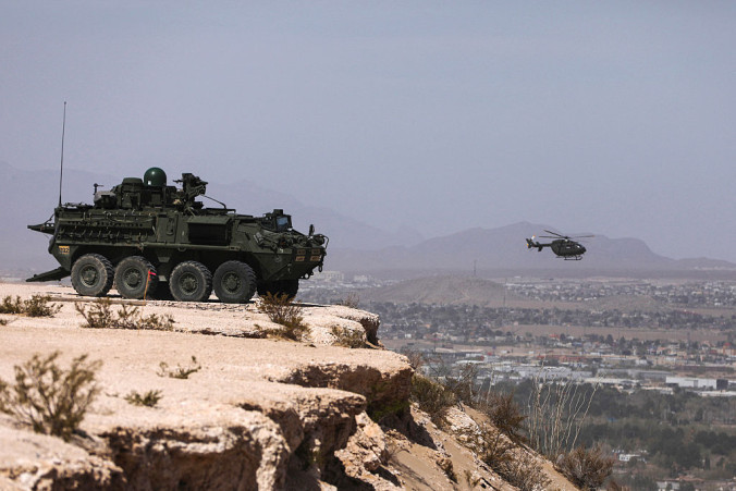 Stryker armored vehicle patrolling border at Sunland Park, New Mexico
