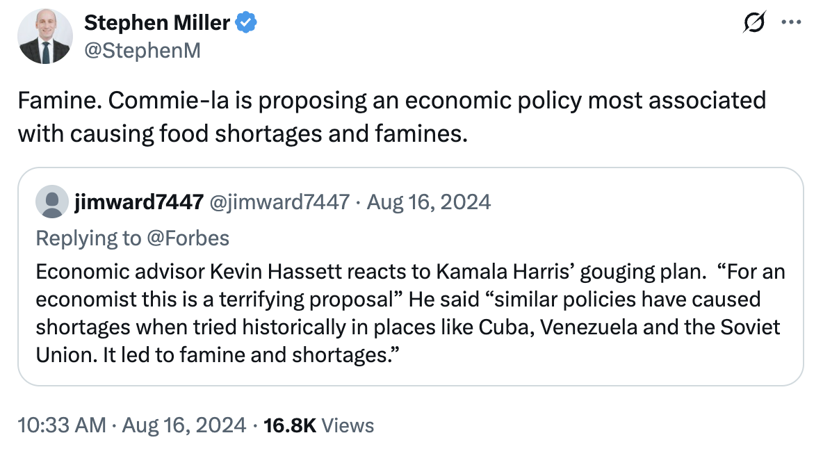 Trump Adviser Called Kamalas Plan to End Price Gouging Communist. Trump Adviser Called Kamalas Plan to End Price Gouging Communist.