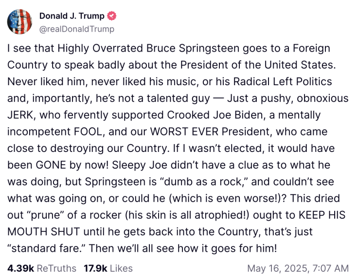Trump Warns Bruce Springsteen to 'Keep His Mouth Shut' After