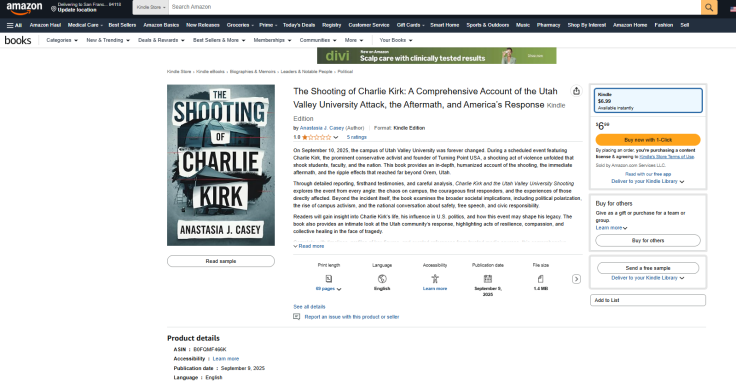 Amazon removed book The Shooting Charlie Kirk Anastasia J. Casey