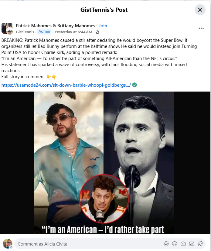 Mahomes, Bad Bunny, Facebook. Superbowl