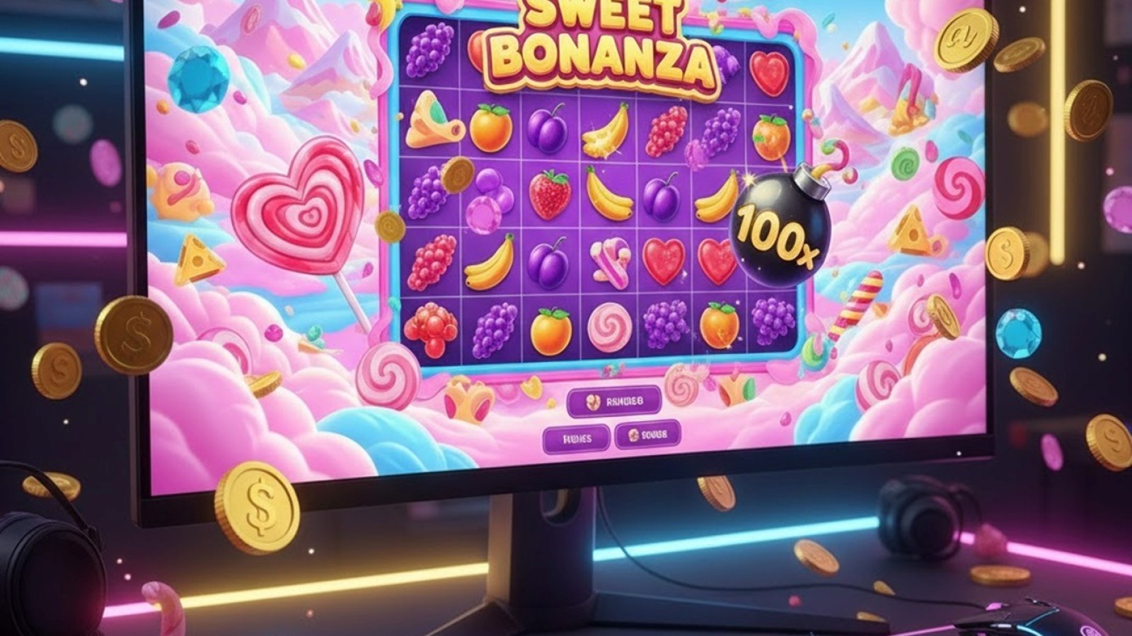Technische Ansicht des Sweet Bonanza-Spielgrids mit Symbolen und Multiplikatoren