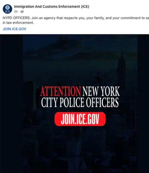 ICE social media post recruiting NYPD officers