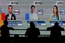 A screen shows the first exit poll results.
