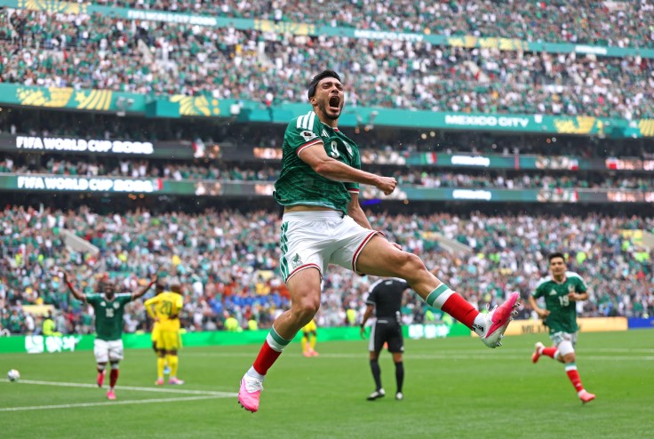 Raul Jimenez #9 of Mexico celebrates
