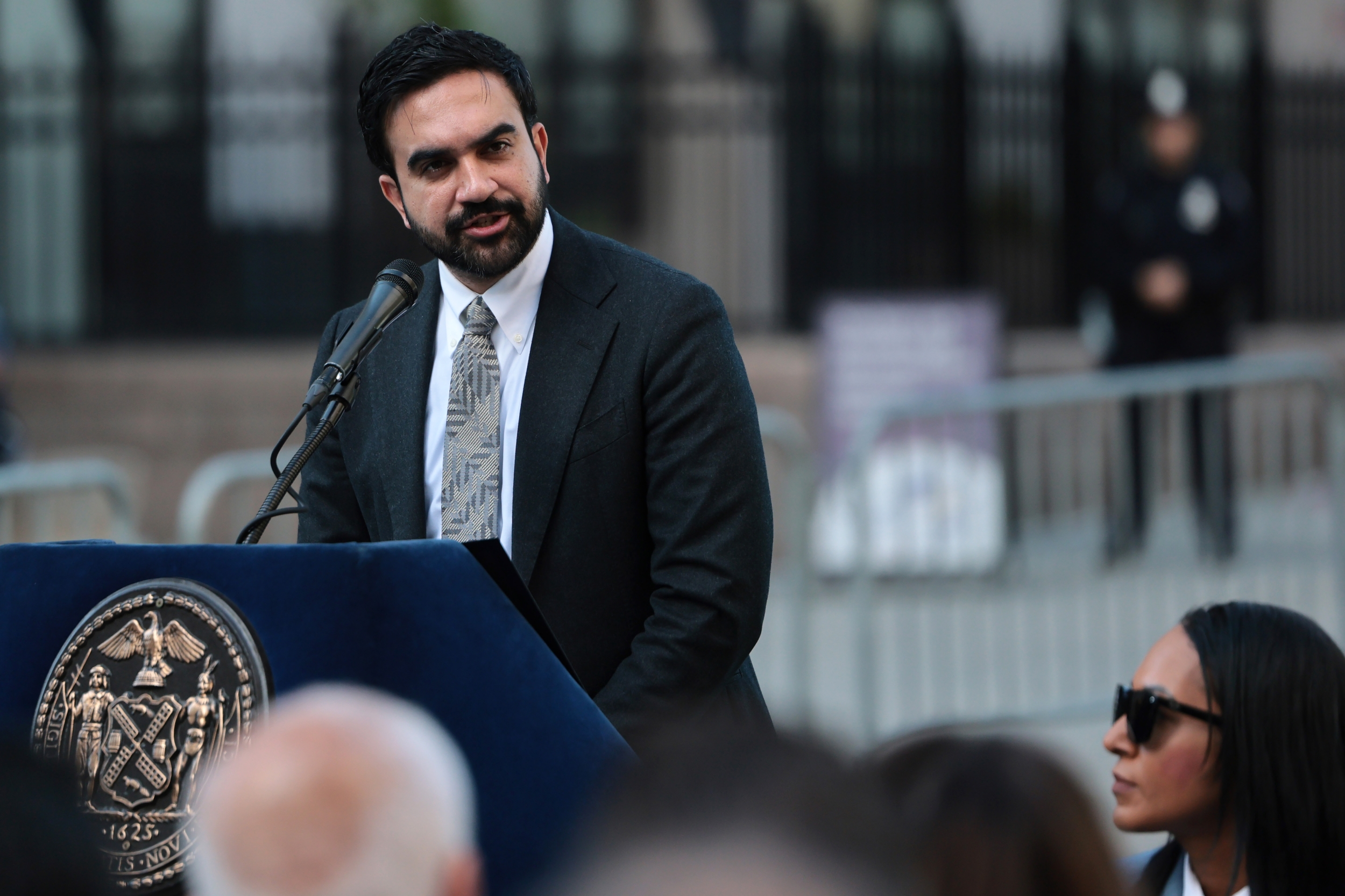 NEW YORK, NEW YORK - OCTOBER 13: Mayor Zohran Mamdani speaks during a ceremony at the NYPD Memorial Wall on October 13, 2026 in New York City. Photo by Michael M. Santiago/Getty Images